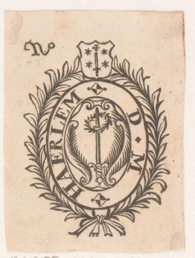 Vignette with a sword with a laurel wreath and the coat of arms of the city of Haarlem