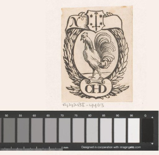 Vignette with a rooster and the coat of arms of the city of Haarlem