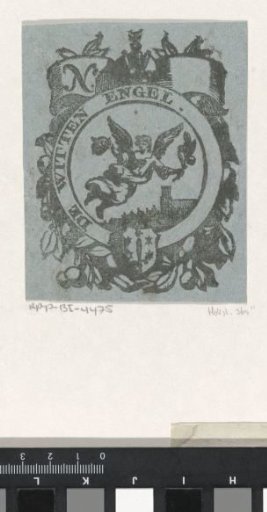 Trade label with an angel and the coat of arms of the city of Haarlem