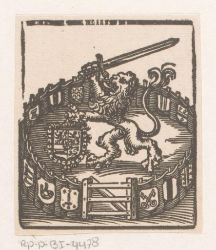 Vignette with the Dutch Lion with a sword in an enclosed garden