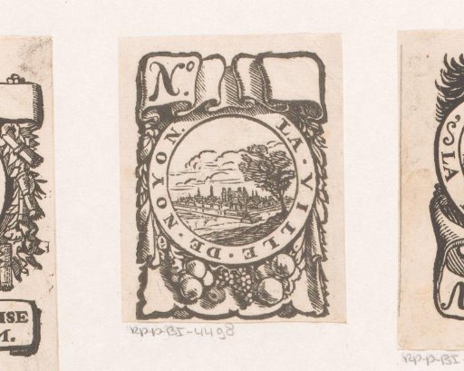 Vignette with the city of Noyon in a circle with fruits