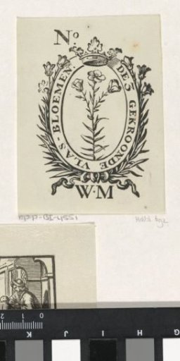 Trade label with three flax flowers, a crown and the monogram WM