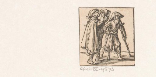 Pilgrim with a wooden leg and crutches looking at a drinking man