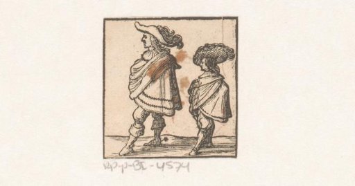 Two standing men with plumed hats and capes