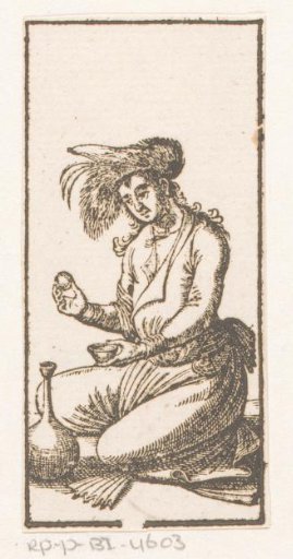 Kneeling man with a ball, a bowl and a jug