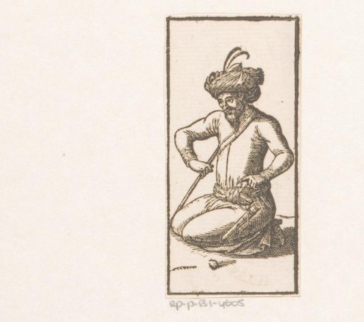 Kneeling man with a turban and an instrument in his hand