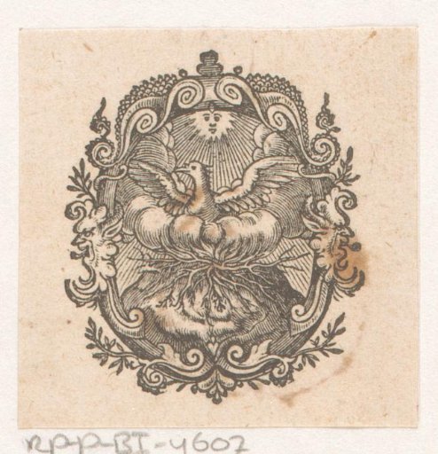 Vignette with a burning phoenix in a nest rising from its own ashes