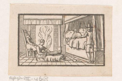 Interior with several figures by a fireplace and a woman lying in bed