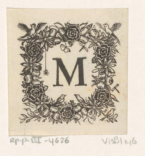 Letter M in a frame of flowers, insects and birds