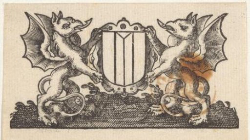 Vignette with a coat of arms and two griffins