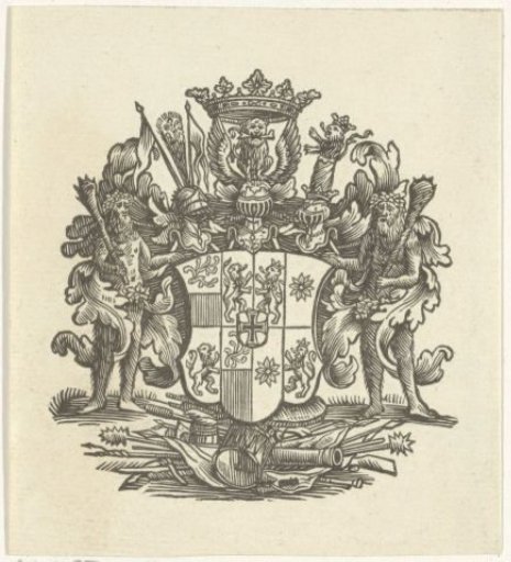 Vignette with a shield, a crown, heraldic achievement and two wild men with clubs
