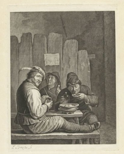 Three peasants smoking and drinking at a table