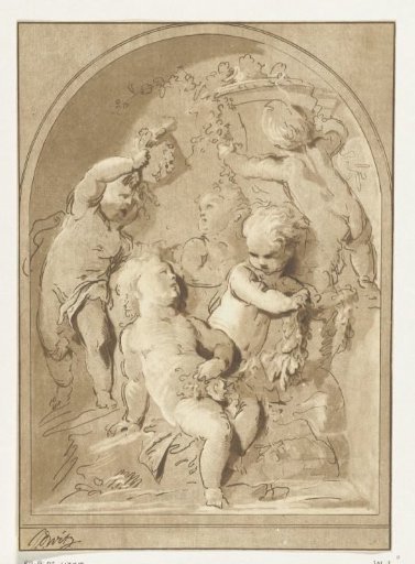 Five putti with flowers and garlands beside a vase