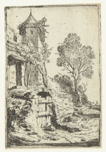 Ruined house near a hexagonal tower
