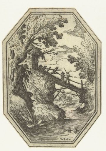 Landscape with wooden footbridge in octagonal frame