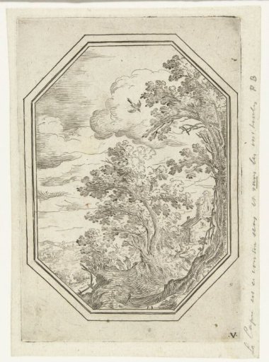 Landscape with path between trees in octagonal frame
