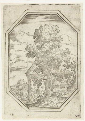 Landscape with large tree in octagonal frame