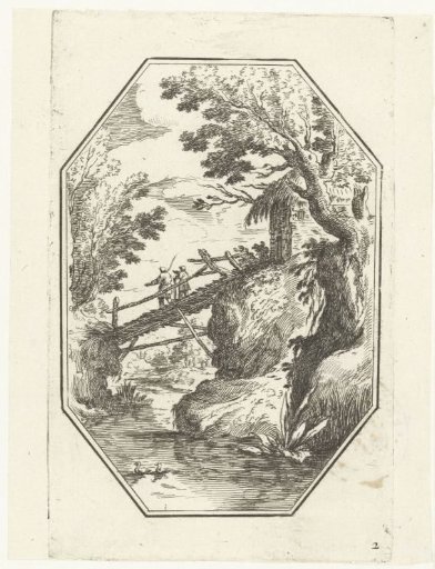 Landscape with wooden footbridge in octagonal frame