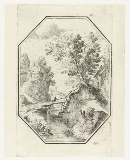 Landscape with wooden bridge in octagonal frame
