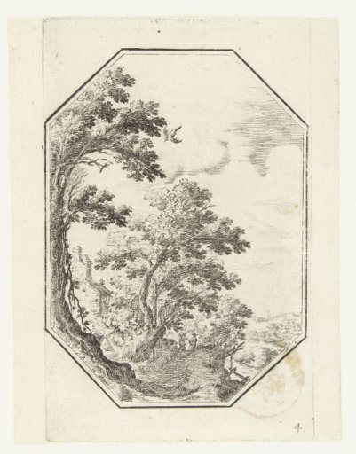 Landscape with path between trees in octagonal frame