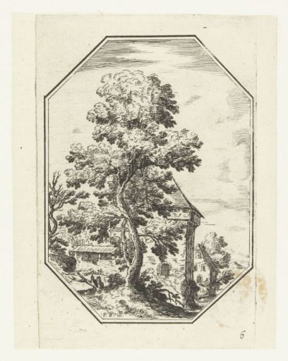 Landscape with large tree in octagonal frame