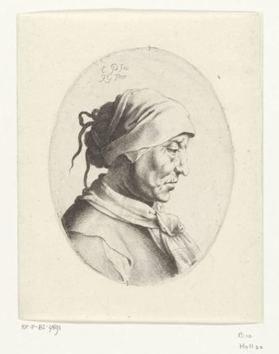 Bust of an old woman with a headscarf