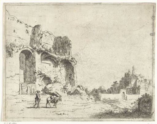 Roman ruins with a man and a donkey
