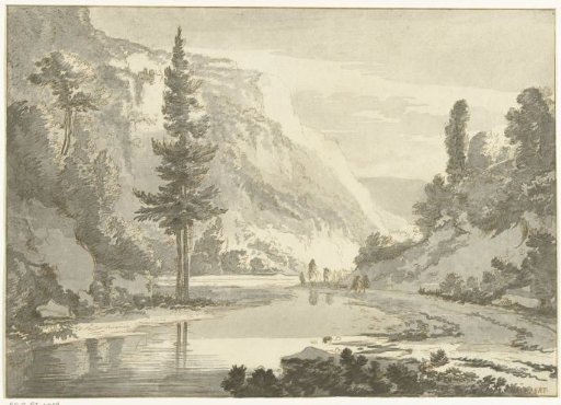 Mountain landscape with shepherds on a riverbank