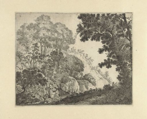 Landscape with trees on rocks and a man with an upraised arm