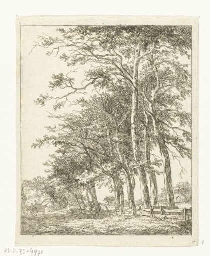 Two standing figures near tall trees