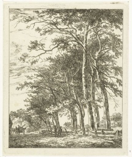 Two standing figures near tall trees