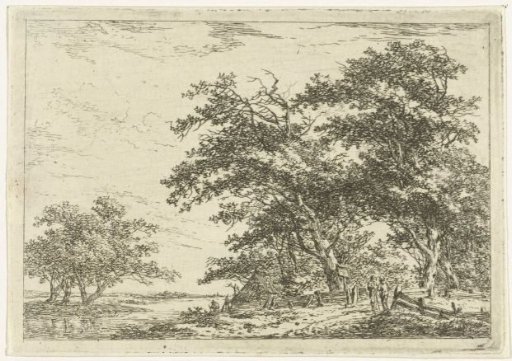 Men talking by a fence at the edge of the woods