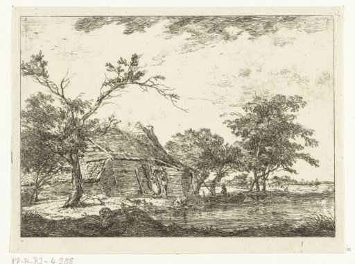 Couple talking by a farmhouse at the water's edge