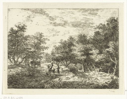 Path through the forest with wagon, walker and rider