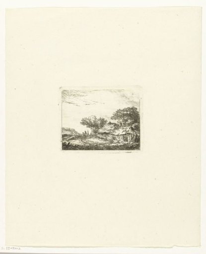 Landscape with two walkers near a hut