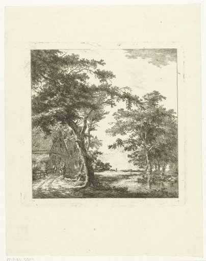 Three figures on a small bridge in front of a house