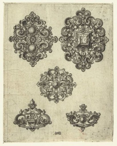 Three brooches and two halves of a clasp