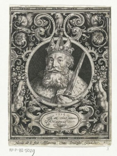 Portrait of Charlemagne in a medallion within an ornamental rectangular frame