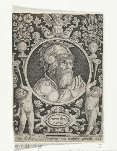 Portrait of King Arthur in a medallion within a rectangular frame with ornaments