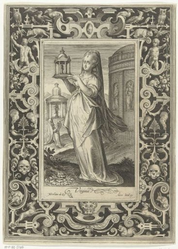Virginia with a model of a small temple
