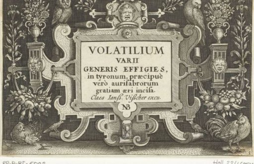 Title print with title in cartouche with ornaments and birds