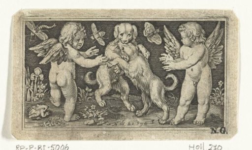 Two cherubs on either side of two playing dogs