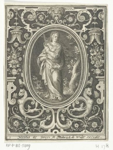 Faith in an oval frame within an ornamental rectangular frame