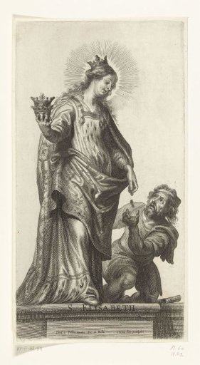 Saint Elizabeth of Hungary with crowns giving money to a beggar