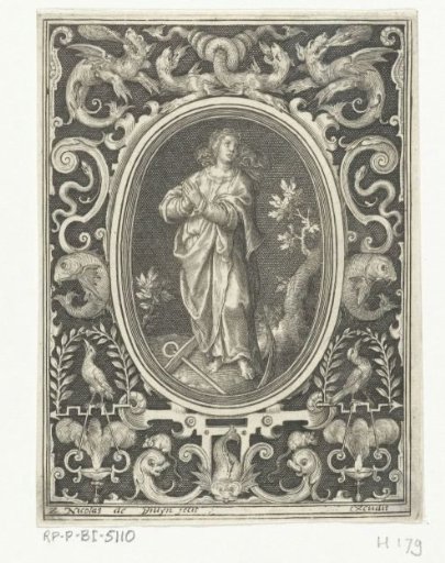 Hope in an oval frame within an ornamental rectangular frame