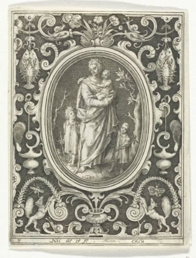 Charity with three children in an oval frame within an ornamental rectangular frame