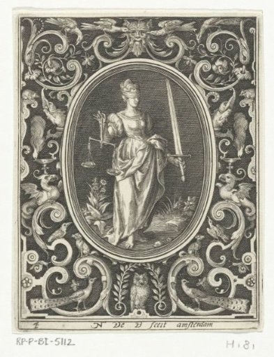 Justice in an oval frame within an ornamental rectangular frame