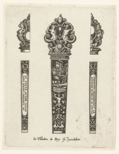 Knife handle with grotesques, with a rectangle at the top showing the Wedding at Cana