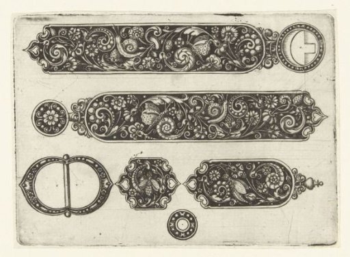 Buckles and belt decorations with arabesques, snails, and insects