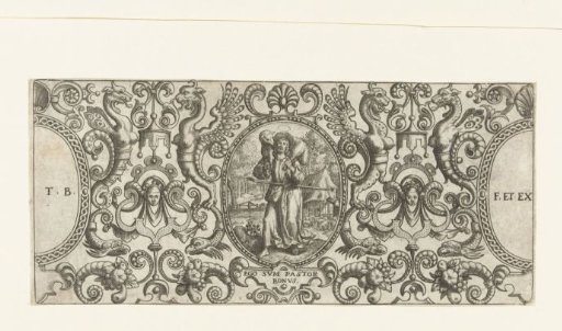 Cartouche with Christ as the Good Shepherd in the center